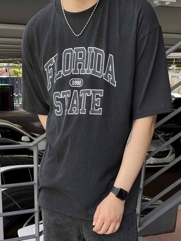 Men Cotton Letter Graphic Drop Shoulder Tee