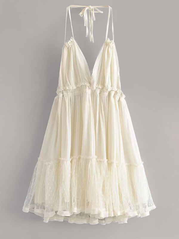 WYWH Dobby Mesh Self-Tie Ruffled Halter Dress