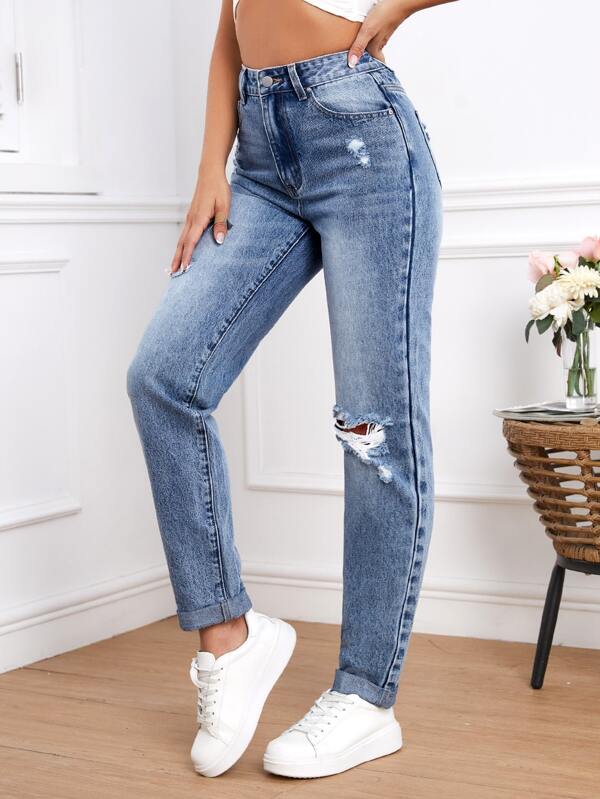 Tall Light Washed Ripped Straight Leg Jeans