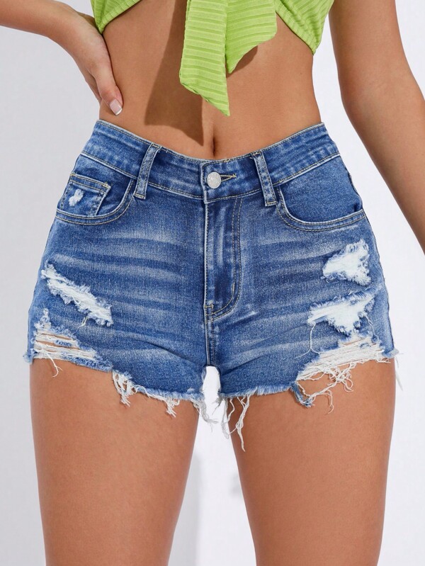 Ripped Raw Hem Denim Shorts