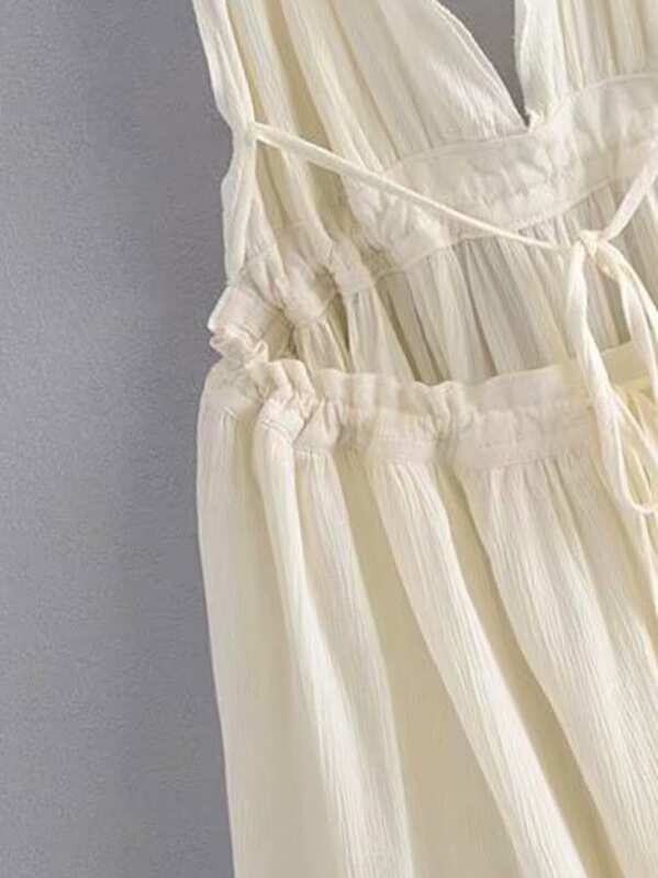 WYWH Dobby Mesh Self-Tie Ruffled Halter Dress