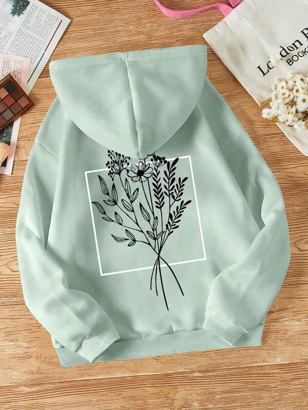 Floral Print Kangaroo Pocket Drawstring Thermal Lined Hoodie