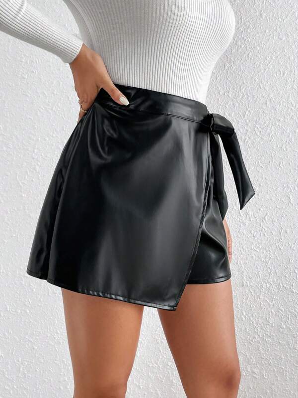 Frenchy Solid Knot Side Wrap PU Skort