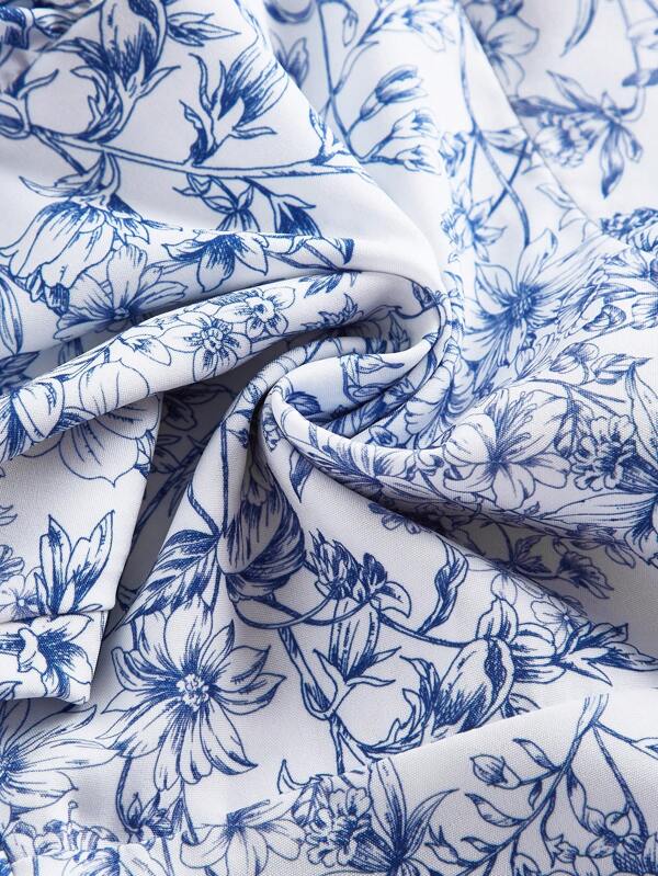 MOD Floral Print Ruffle Trim Tie Backless Ruched Bust Layered Halter Dress