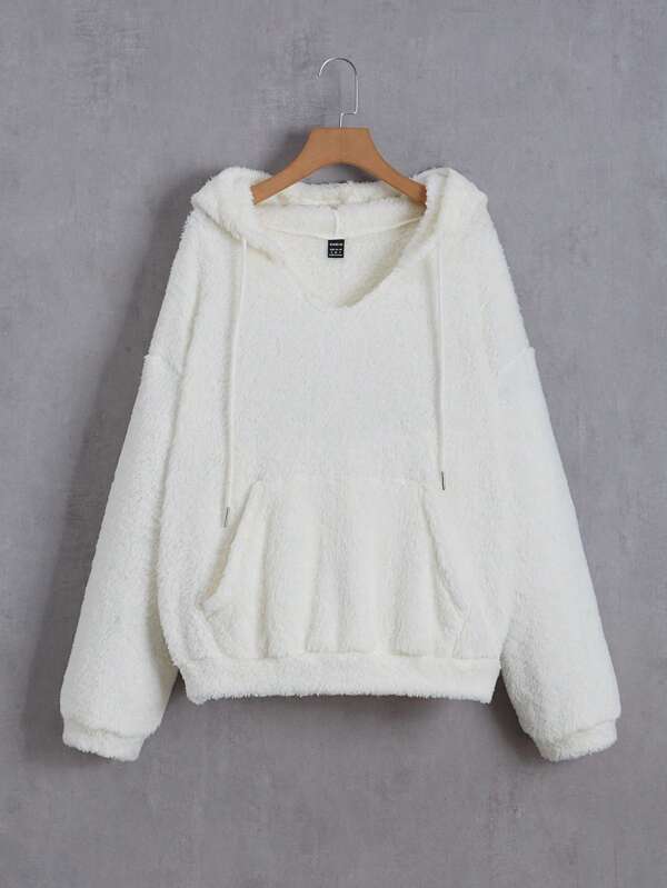 Kangaroo Pocket Drop Shoulder Drawstring Teddy Hoodie