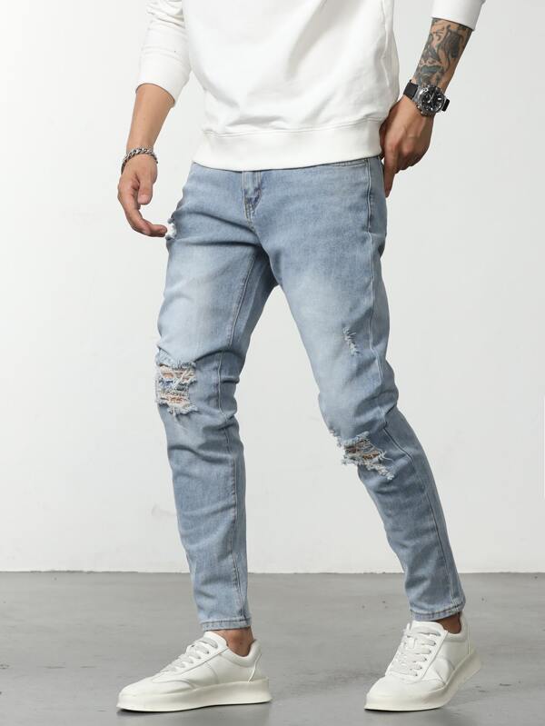 Men Cotton Slant Pocket Ripped Jeans