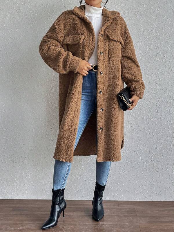 Drop Shoulder Flap Detail Teddy Coat