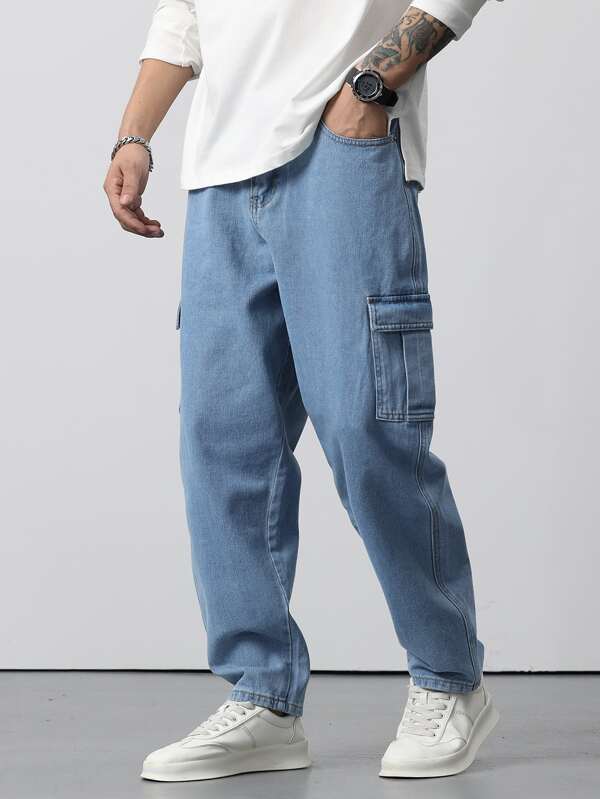Men Cotton Flap Pocket Cargo Jeans