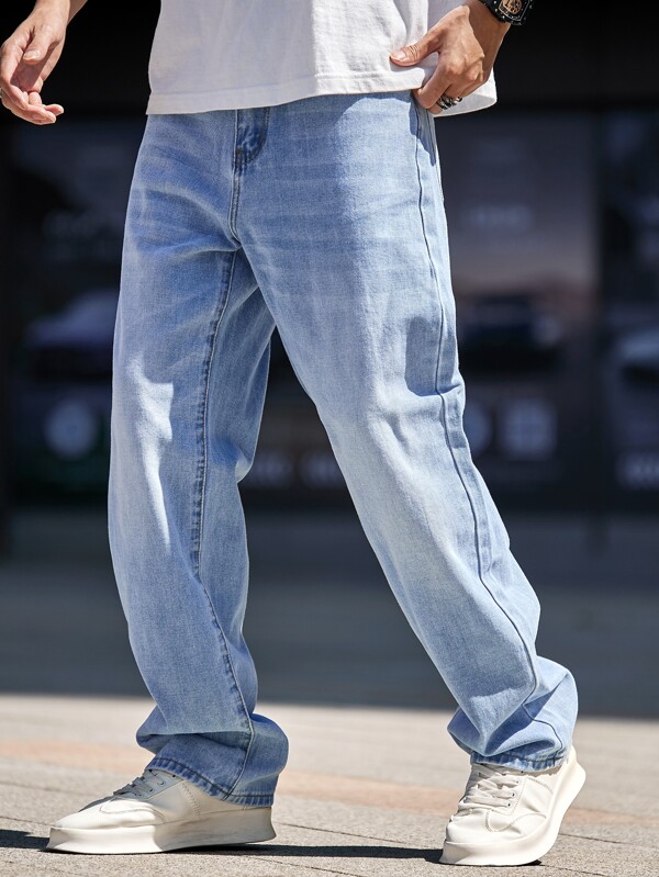 Men Cotton Bleach Wash Straight Leg Jeans