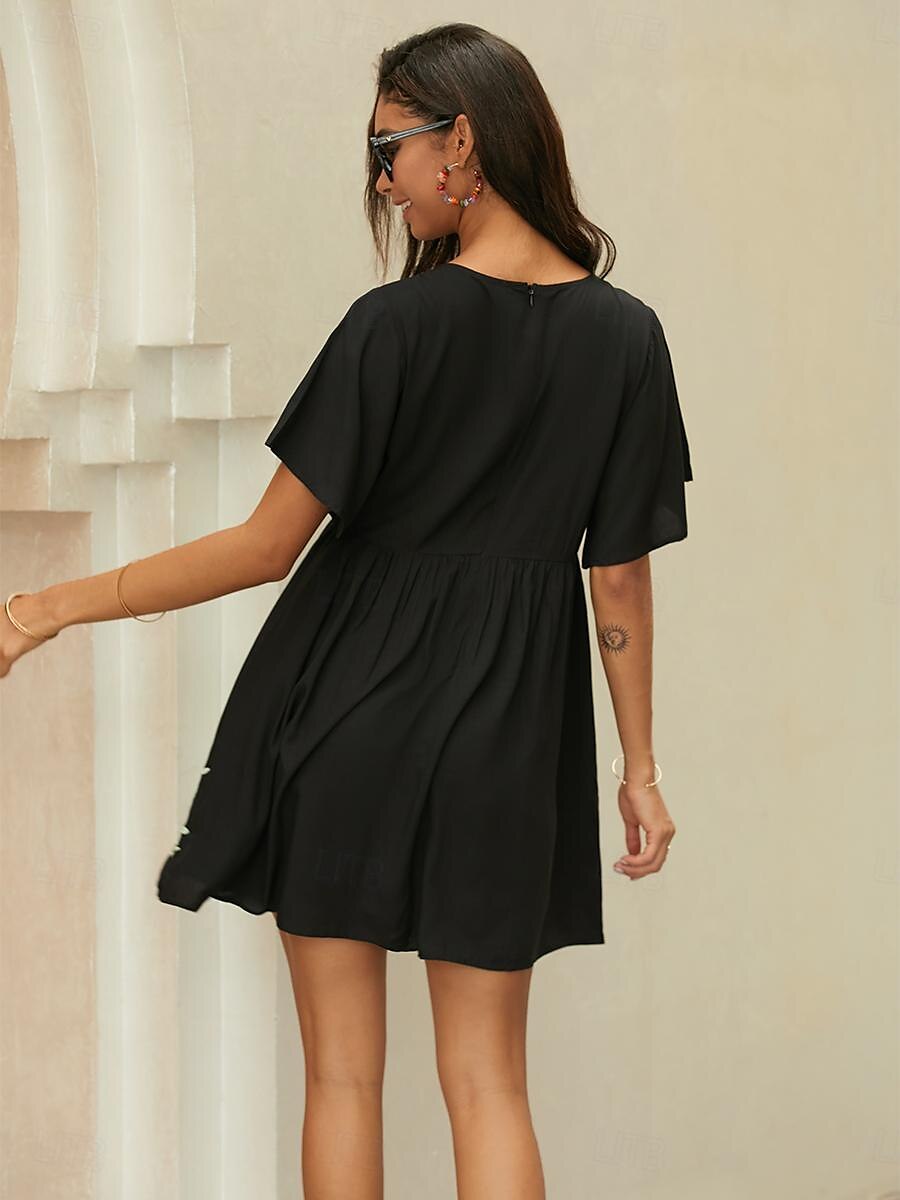 Women's Embroidered Black Dress Mini Dress Floral Crew Neck Short Sleeve Summer Spring Black