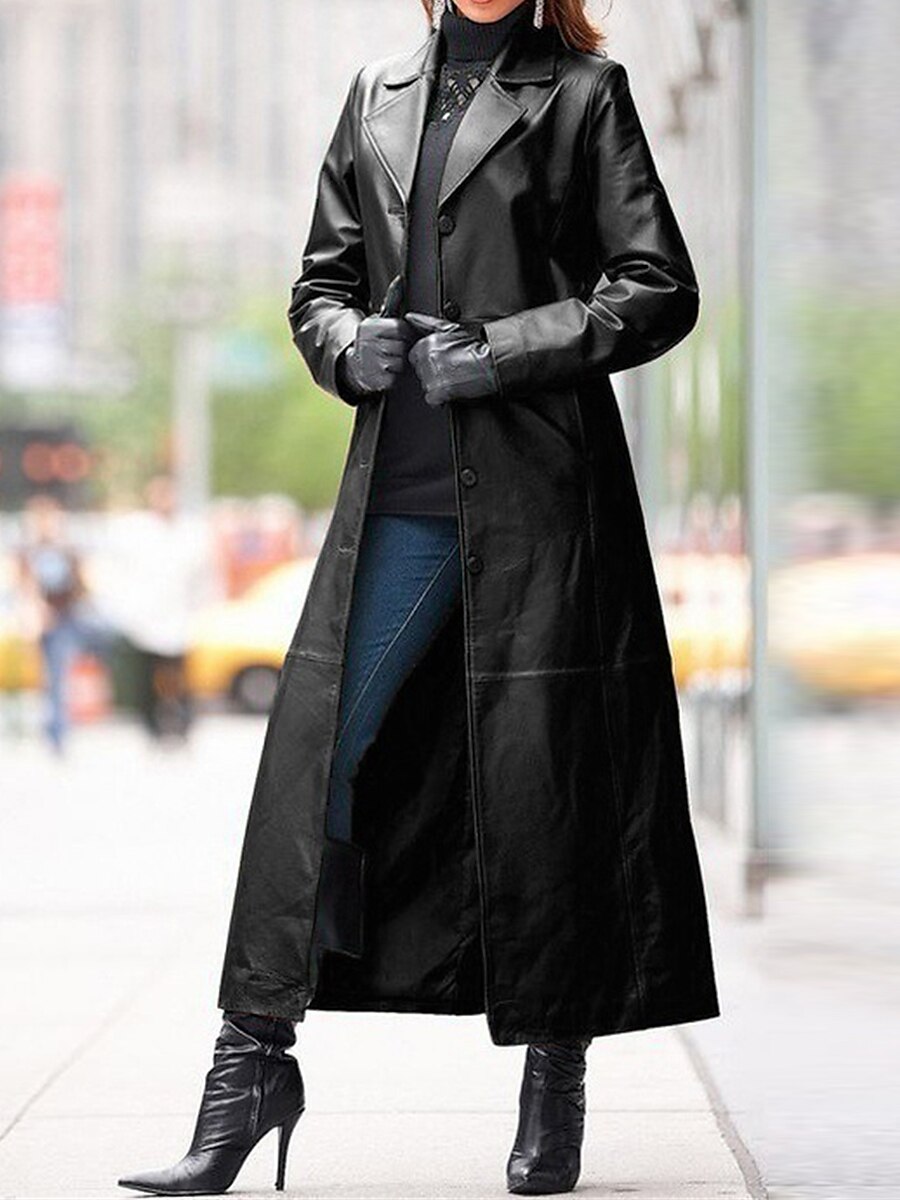 Women's Leather Trench Coat Single Breasted Lapel Overcoat Winter Coat Windproof Warm Waterproof Long Coat Fall Streetwear Outerwear Long Sleeve Black