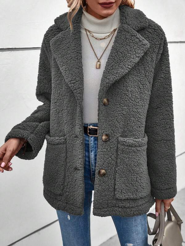 Lapel Neck Dual Pocket Teddy Coat