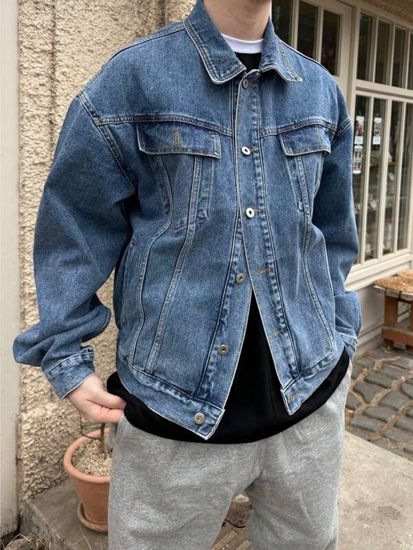 Men Flap Pocket Drop Shoulder Denim Jacket