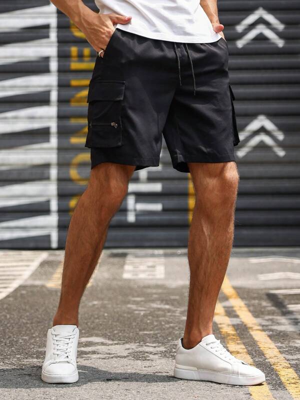 Men Flap Pocket Drawstring Waist Cargo Shorts