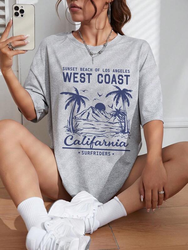 Tropical And Letter Graphic Drop Shoulder Tee