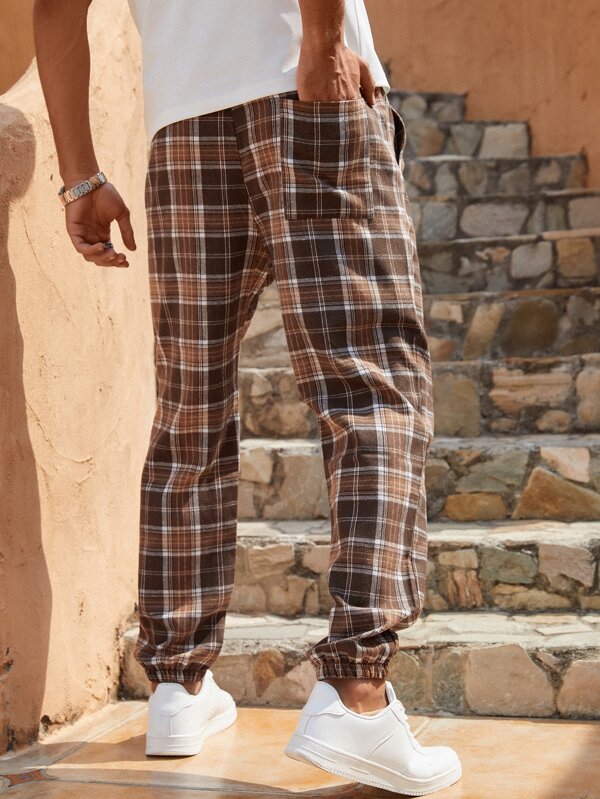 Men Cotton Plaid Print Drawstring Waist Pants