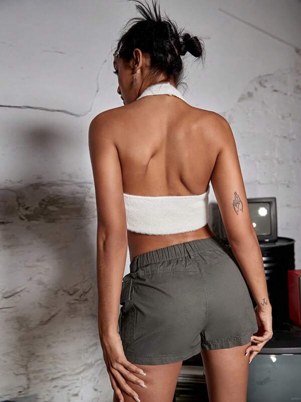 Elastic Waist Flap Pocket Side Cargo Shorts