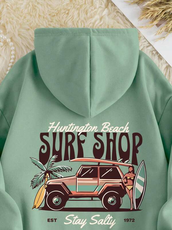 Car & Letter Graphic Drawstring Thermal Lined Hoodie