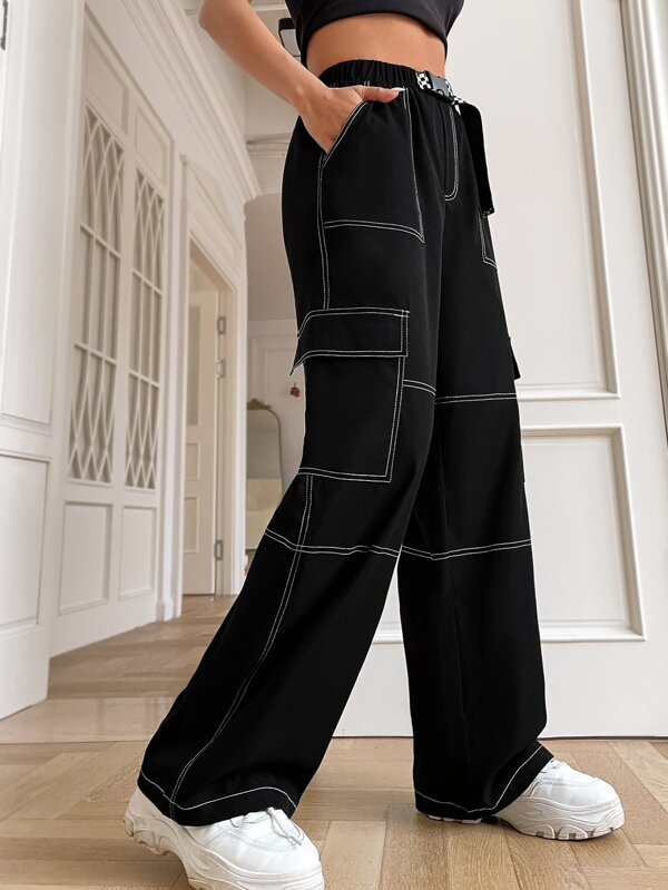 Top-stitching Flap Pocket Side Belted Cargo Pants