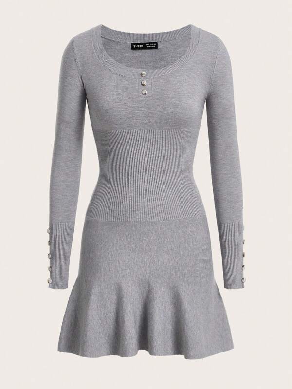 Qutie Button Detail Ribbed Knit Ruffle Hem Sweater Dress