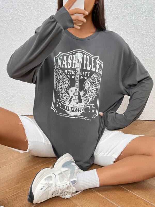 Letter & Wings Print Drop Shoulder Tee