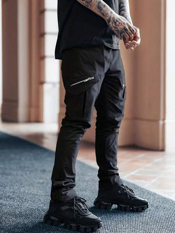 Men Flap Pocket Drawstring Waist Cargo Pants