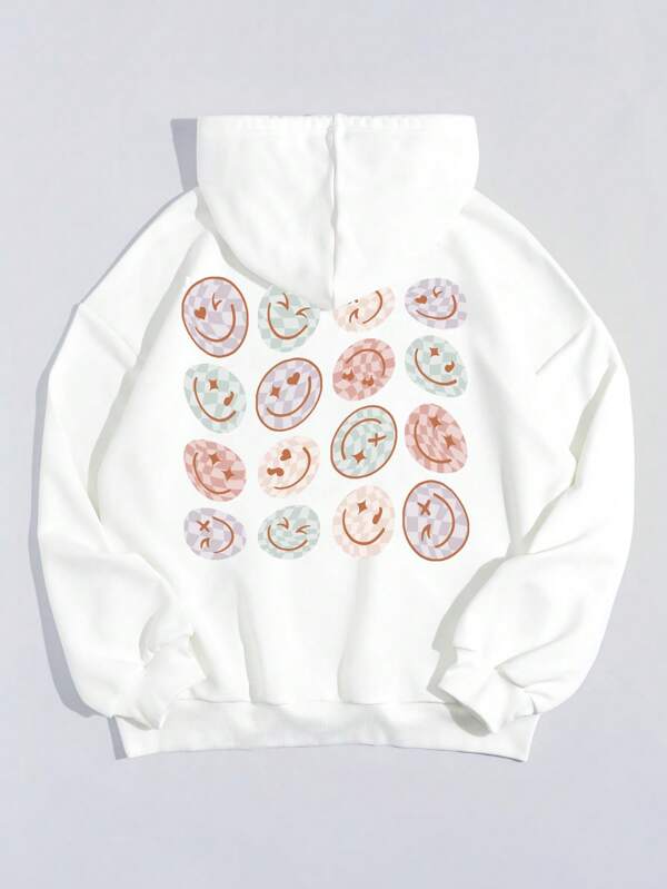 Cartoon Face Print Drop Shoulder Hoodie