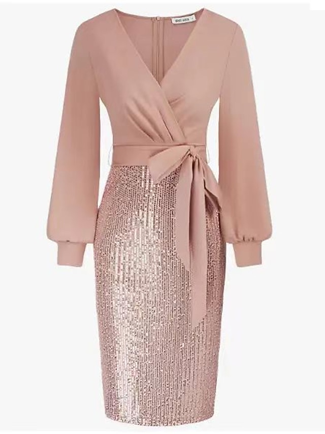 Women's Sequin Dress Party Dress Cocktail Dress Midi Dress Champagne Pink Wine Long Sleeve Pure Color Lace up Spring Fall Winter V Neck Fashion Winter Dress Christmas Wedding Guest 2023