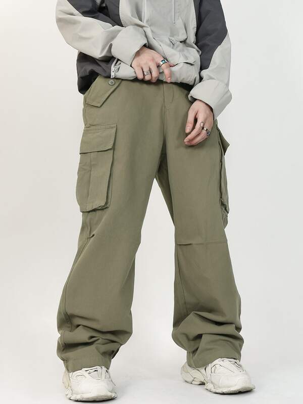 Men Flap Pocket Side Drawstring Waist Cargo Pants