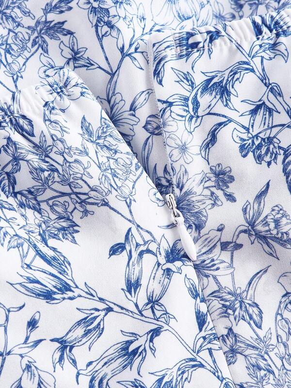 MOD Floral Print Ruffle Trim Tie Backless Ruched Bust Layered Halter Dress