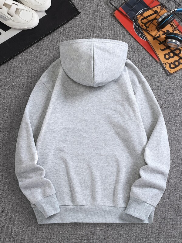 Men Letter Graphic Kangaroo Pocket Drawstring Thermal Hoodie