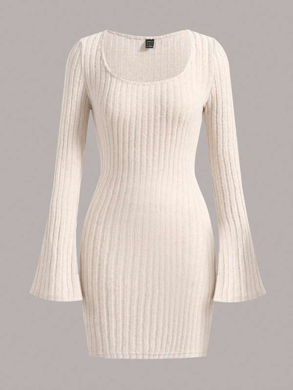 Square Neck Flounce Sleeve Ribbed Knit Bodycon Dress