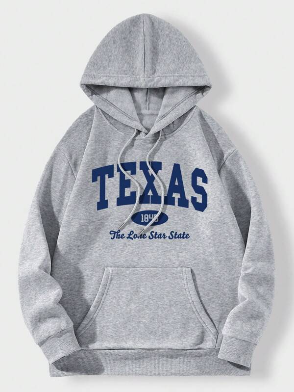 Men Letter Graphic Kangaroo Pocket Drawstring Thermal Hoodie