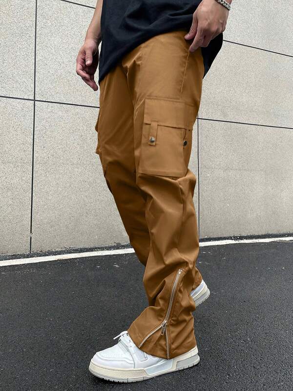 Men Flap Pocket Side Zipper Cargo Pants