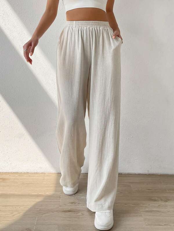 Solid Slant Pocket Wide Leg Pants