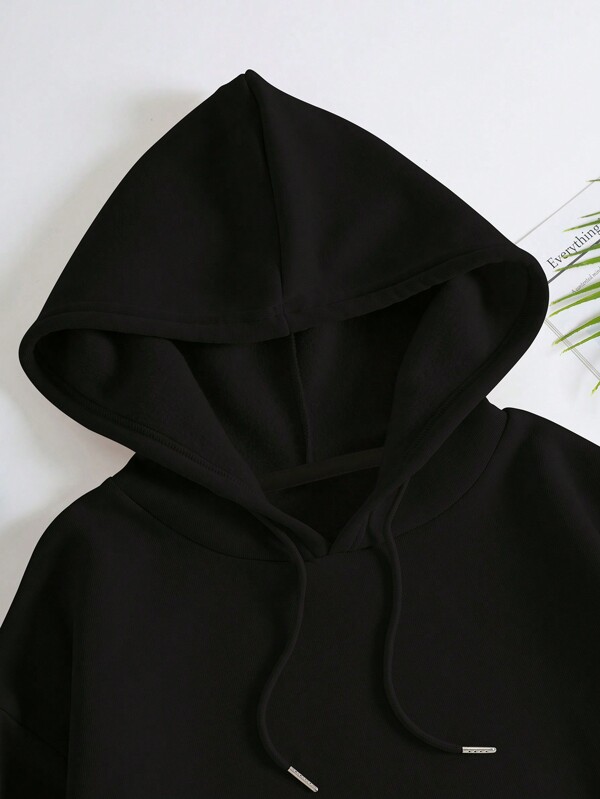 Slogan Graphic Kangaroo Pocket Drawstring Thermal Lined Hoodie