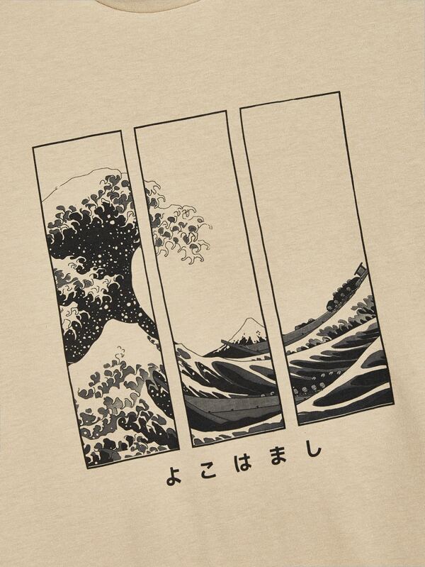 Men Cotton Japanese Letter & Wave Print Tee