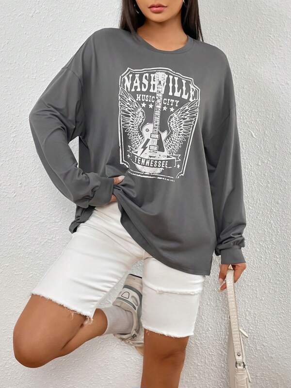 Letter & Wings Print Drop Shoulder Tee