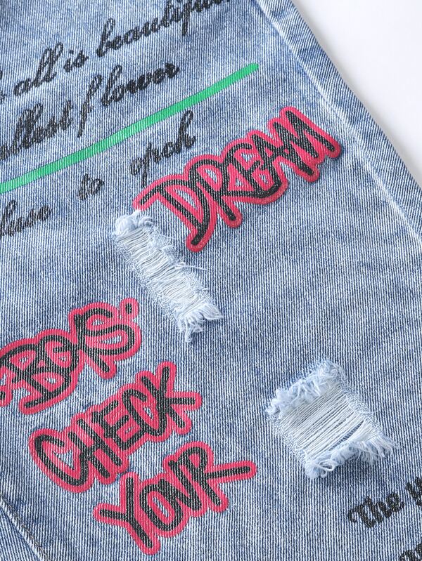 Men Cotton Slogan Graphic Ripped Straight Leg Jeans