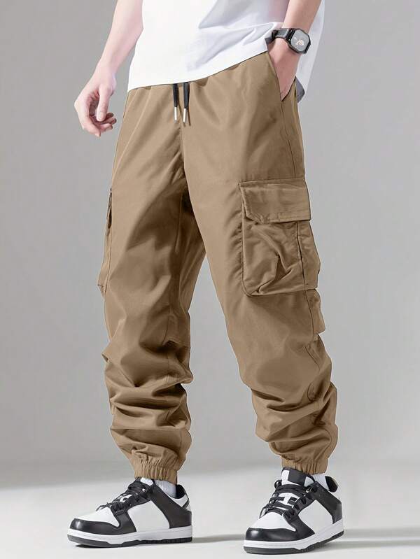 Men Flap Pocket Side Drawstring Waist Cargo Pants