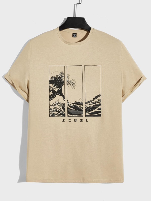 Men Cotton Japanese Letter & Wave Print Tee
