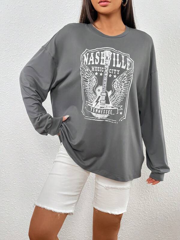 Letter & Wings Print Drop Shoulder Tee