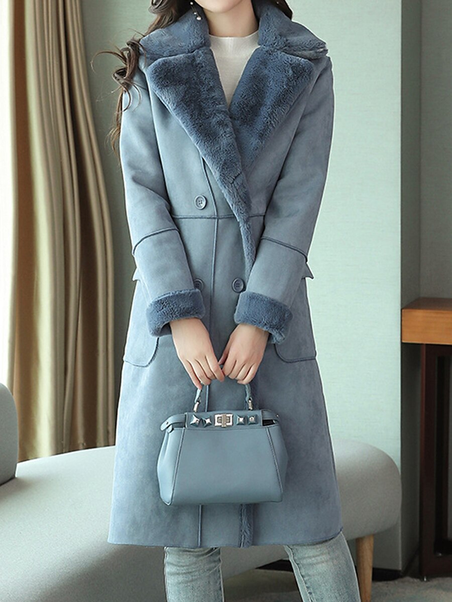 Women's Coat Warm Breathable Outdoor Casual Daily Wear Button Pocket Double Breasted Turndown Fashion Daily Modern Solid Color Regular Fit Outerwear Long Sleeve Fall Winter Blue Green S M L XL 2XL