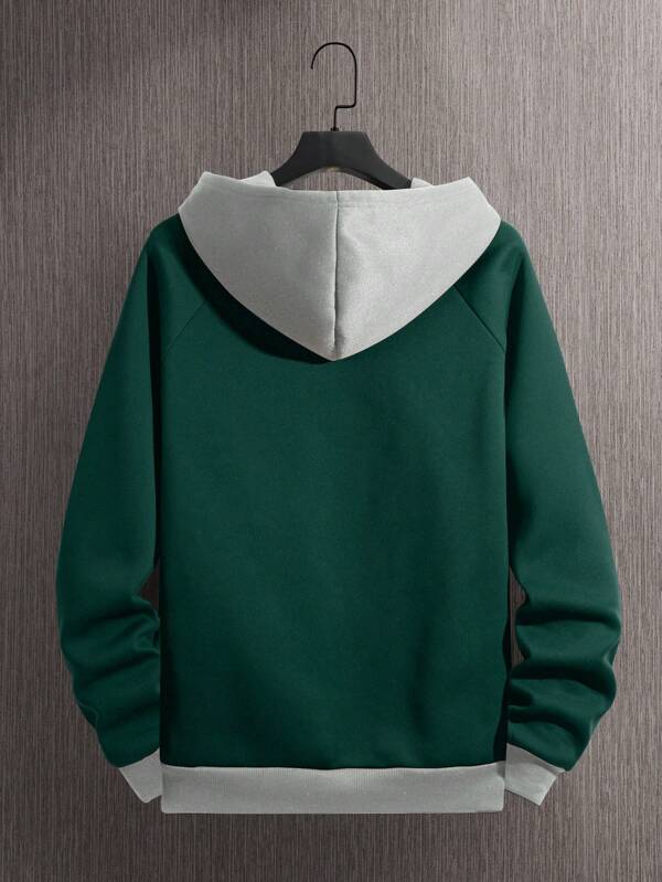 Men Colorblock Raglan Sleeve Drawstring Thermal Lined Hoodie
