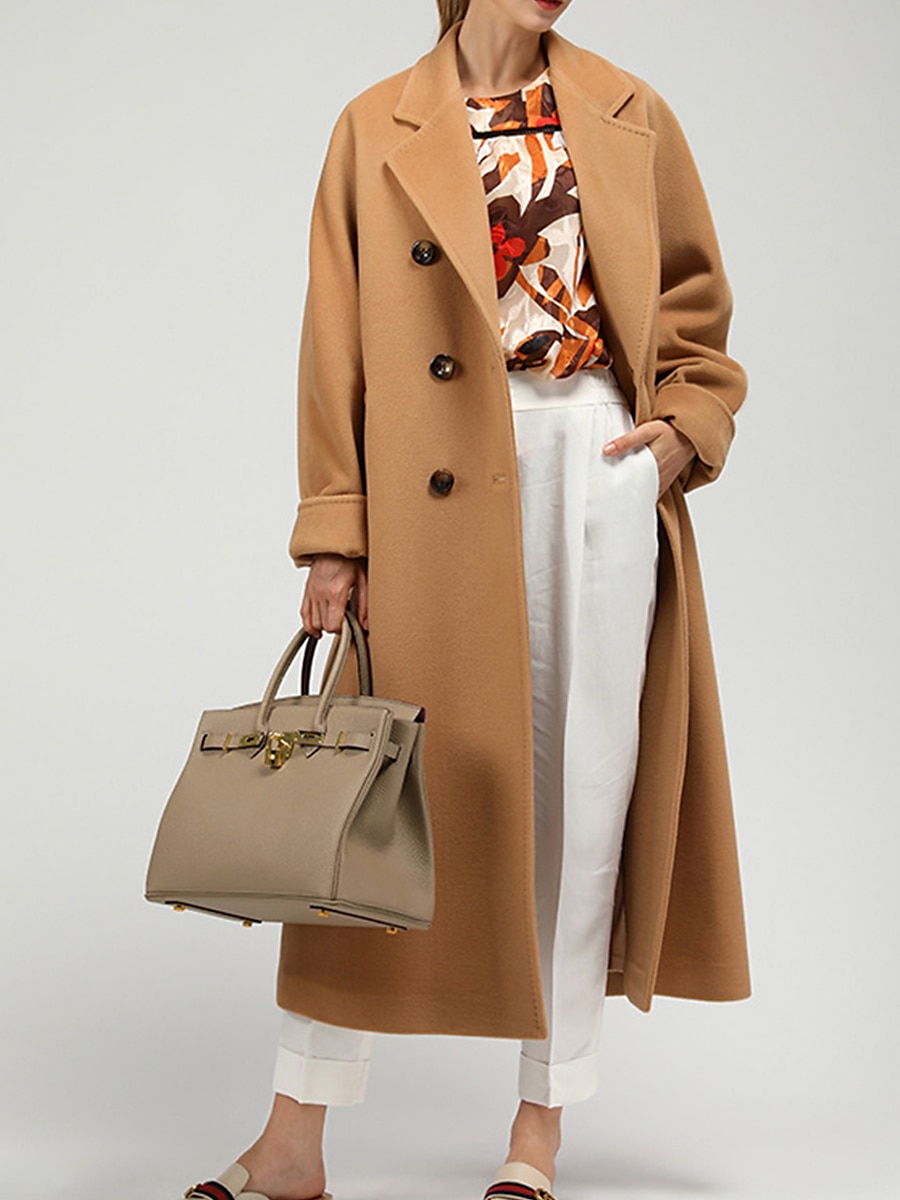 Women's Wool Blend Coat Winter Long Overcoat Double Breasted Notched Lapel Pea Coat Fall Windproof Warm Trench Coat Jacket with Pockets Oversized Fashion Daily Casual Street Outerwear Long Sleeve