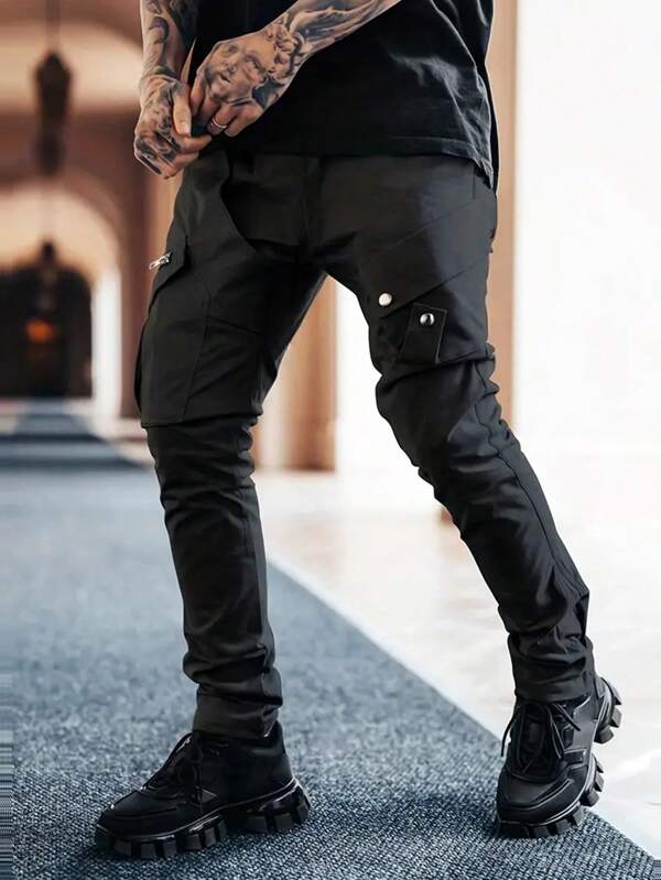Men Flap Pocket Drawstring Waist Cargo Pants