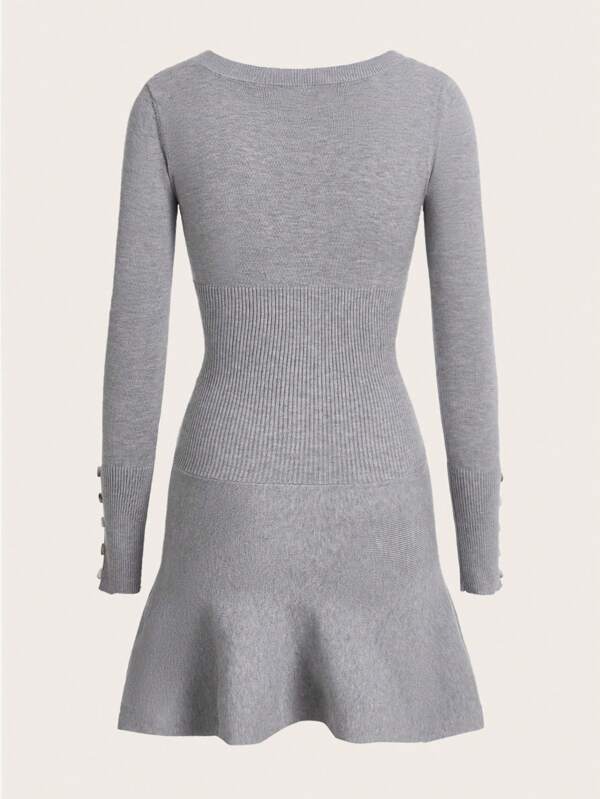 Qutie Button Detail Ribbed Knit Ruffle Hem Sweater Dress