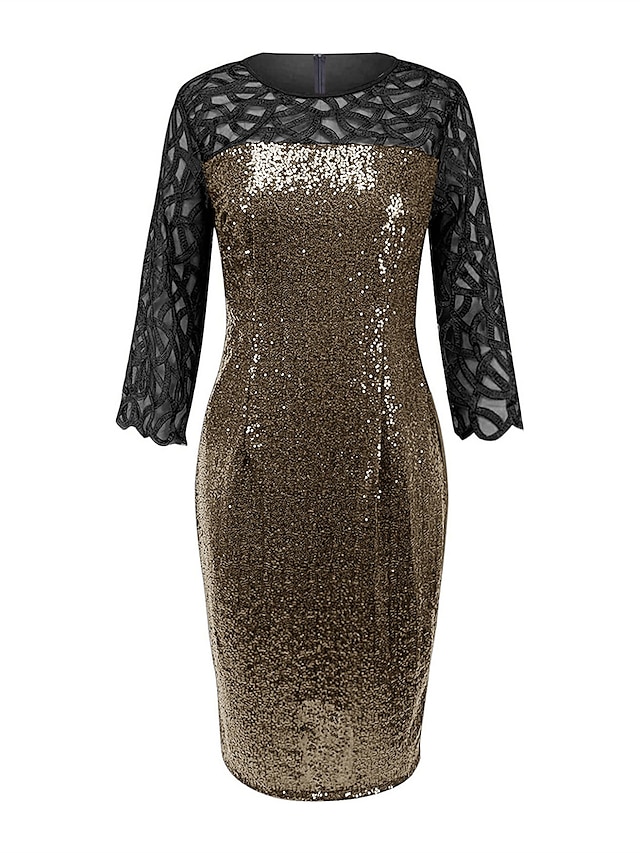 Women's Sequin Dress Party Dress Sparkly Dress Cocktail Dress Midi Dress Black Wine Dark Green 3/4 Length Sleeve Sparkly Glitter Spring Fall Winter Crew Neck Fashion Birthday