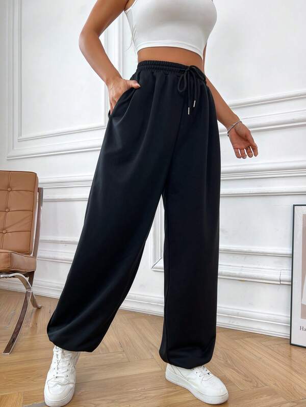 Solid Drawstring Waist Slant Pocket Sweatpants