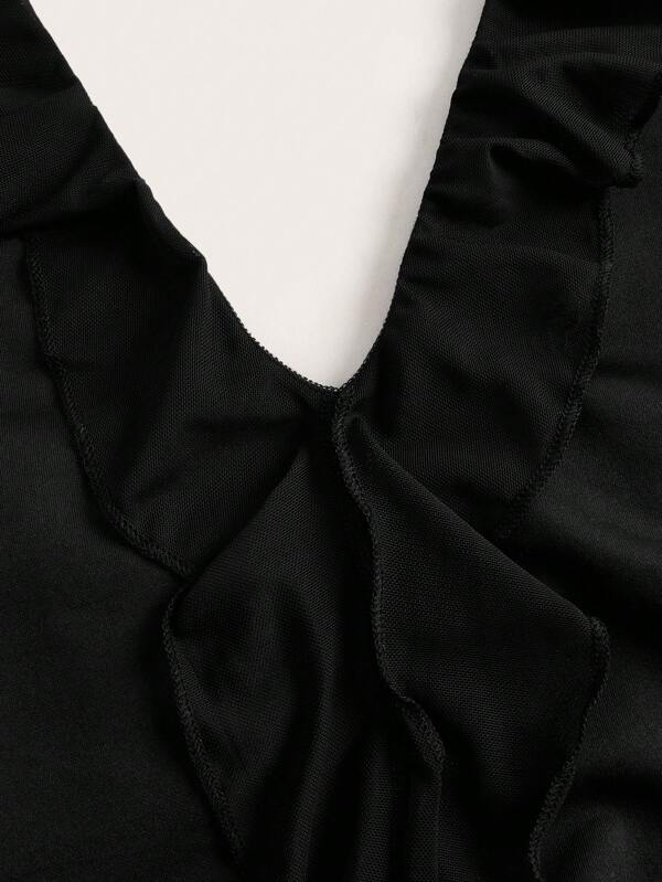 Solid Ruffle Trim Tie Backless Halter Dress